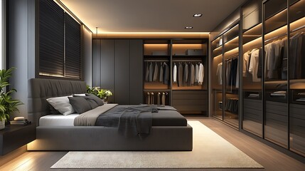 Fototapeta premium Modern Luxury Home Interior Bedroom Design with Mockup Frame , Wall, lamp, table, Poster(3d Render)