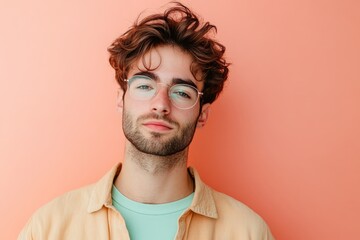 Fototapeta premium Stylish Young Man with Glasses Posing Against a Coral Background