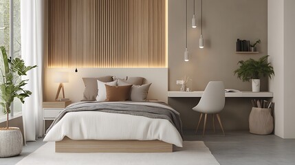 Modern Luxury Home Interior Bedroom Design with Mockup Frame , Wall, lamp, table, Poster(3d Render)