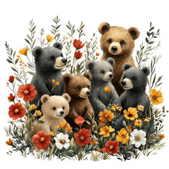 Obraz premium Cute Bears Surrounded by Colorful Flowers in Whimsical Forest Setting