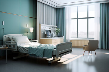 A spacious and well-lit hospital room features a patient bed