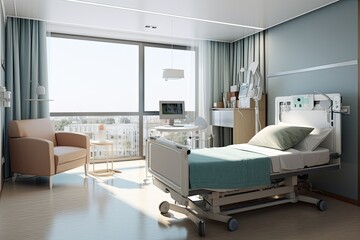 A spacious and well-lit hospital room features a patient bed