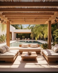 Obraz premium Brightly colored seating surrounds a serene pool reflecting the stunning desert landscape