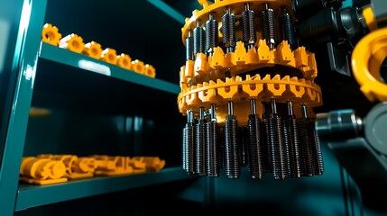 Industrial robotic arm with yellow components organizing metal parts on a green shelf in a factory