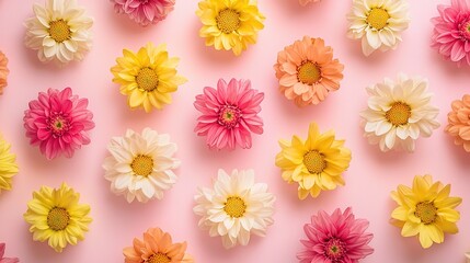 Colorful flowers over pink background. Spring theme. Generative Ai