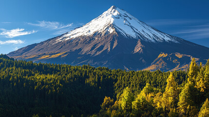 Fototapeta premium Breathtaking mountain landscape featuring snow capped peak surrounded by dense green forests and autumn foliage, showcasing nature beauty and tranquility