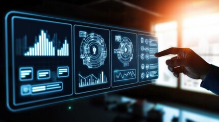 Interactive data visualization displays insights modern office digital interface high-tech environment close-up business intelligence