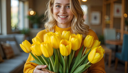 Fototapeta premium young woman with yellow tulips