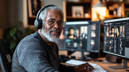 Obraz premium Senior Man Video Editing, Home Office, Headphones, Professional, Technology