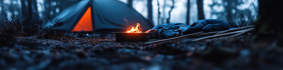 Campfire, Tent, and Sleeping Bags in Wooded Area at Night