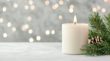 Lit candle, pine, bokeh; peaceful winter scene