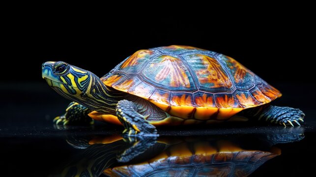 A vibrant turtle relaxes on a dark surface, highlighting its intricate shell patterns in warm light