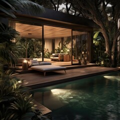 Elegant villa boasts a tranquil private pool illuminated at nigh