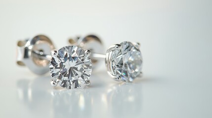 A single pair of diamond stud earrings isolated on a white surface, ideal for promoting fine jewelry.