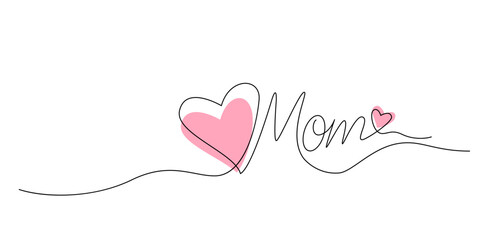 Mother's day greeting card. two hearts drawn with one line with the word mom. vector illustration on white background