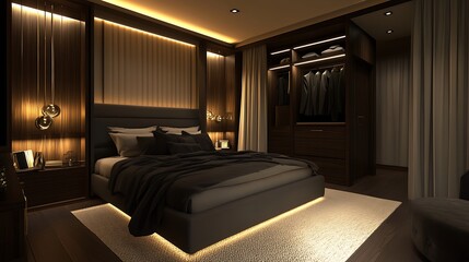 Naklejka premium Modern Luxury Home Interior Bedroom Design with Mockup Frame , Wall, lamp, table, Poster(3d Render)
