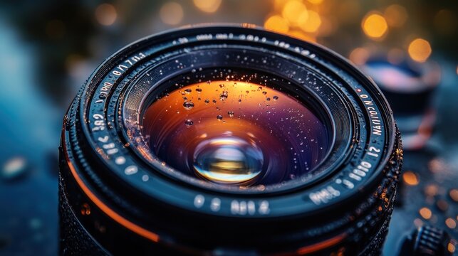 Wet camera lens, close-up, bokeh background, photography