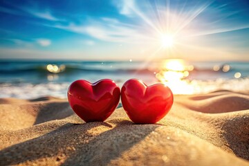 Fototapeta premium Red Hearts on Sandy Beach - Romantic Photography, Beach, Love