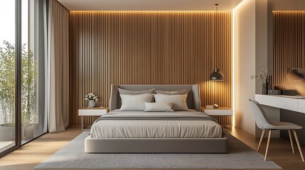 Modern Luxury Home Interior Bedroom Design with Mockup Frame , Wall, lamp, table, Poster(3d Render)