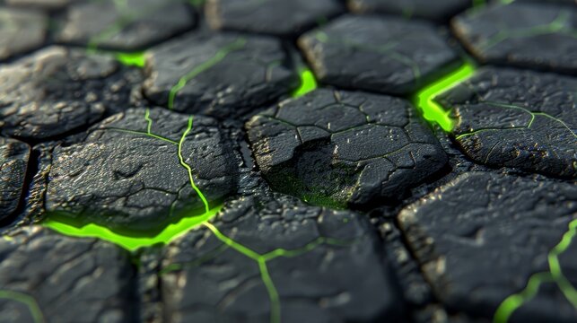 Hexagonal gaming background featuring black viber material with green neon light effects