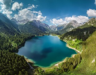 Fototapeta na wymiar Un hermoso lago en medio de las montañas, con cielo azul y nubes