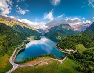 Un hermoso lago en medio de las monta&ntilde;as, con cielo azul y nubes