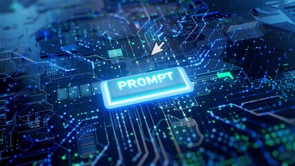 Futuristic AI Prompt Button 3D Animation of a Digital Key Emitting Glowing Data Particles in a High-Tech Environment