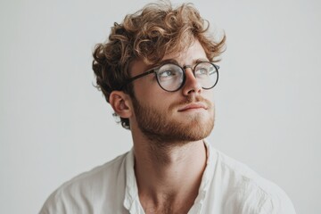 Fototapeta premium Thoughtful Young Man with Curly Hair and Glasses in a Minimalist Setting