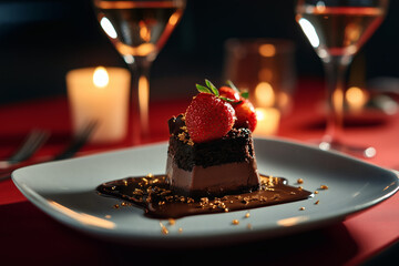 Chocolate dessert with fresh strawberries