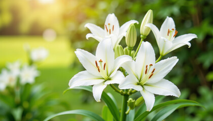 Fototapeta premium Pristine white lily flowers blooming in botanical garden, natural beauty