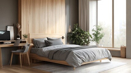 Modern Luxury Home Interior Bedroom Design with Mockup Frame , Wall, lamp, table, Poster(3d Render)