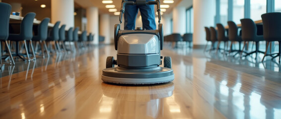Cleaning professional uses machine to polish hardwood floor in modern office setting during daytime hours