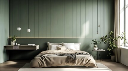 Modern Luxury Home Interior Bedroom Design with Mockup Frame , Wall, lamp, table, Poster(3d Render)