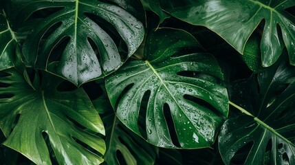 Glistening water droplets cling to broad tropical leaves, showcasing vibrant shades of green. The serene atmosphere evokes freshness, reflecting nature's beauty after a gentle rainfall