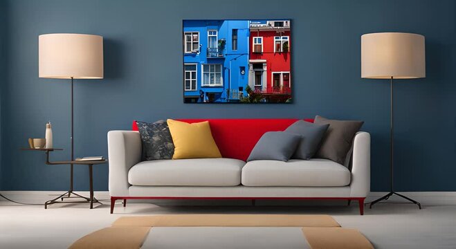 Sofa wand vor rotes blauer couch living room couch interior interior wall background canvas poster room lamp modern artwork interior art furniture three dimensional house pillow