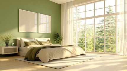 Fototapeta premium Modern Luxury Home Interior Bedroom Design with Mockup Frame , Wall, lamp, table, Poster(3d Render)