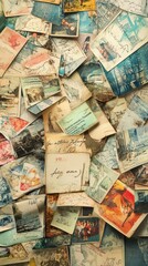 Stack of vintage postcards showing various images and handwritten notes