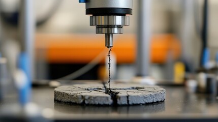 Close up of a precision drill penetrating a cracked surface, highlighting advanced technology in a scientific research setting. The image focuses on innovation and engineering accuracy