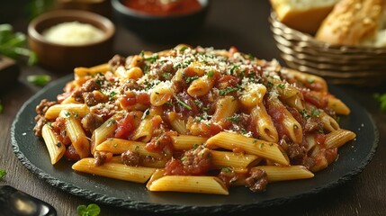Fototapeta premium Hearty pasta dish with ground beef, served on a slate plate, with sauce, parmesan, and bread in the background