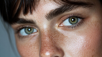 Fototapeta premium Captivating close-up of a young person with green eyes and freckles showcasing natural beauty and healthy skin in a minimalistic setting