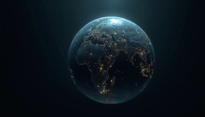 Fototapeta premium Glowing Earth at night with illuminated cities and continents in a dark space setting