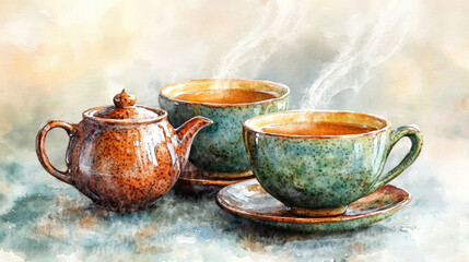 Fototapeta premium Steaming_teacups_and_teapot_on_a_table_Watercolor_painting.