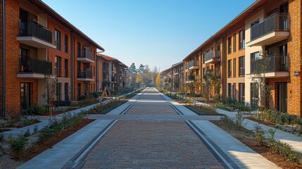 Modern residential buildings flanking a landscaped pathway under a clear sky.
