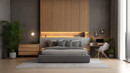 Fototapeta premium Modern Luxury Home Interior Bedroom Design with Mockup Frame , Wall, lamp, table, Poster(3d Render)