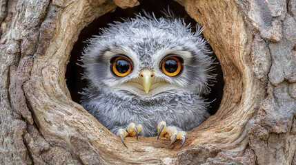 Adorable baby owl with big golden eyes nestled in natural tree cavity home