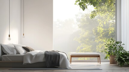 Modern Luxury Home Interior Bedroom Design with Mockup Frame , Wall, lamp, table, Poster(3d Render)