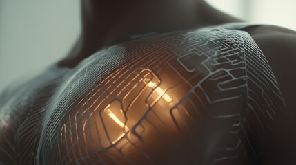 Close up of a human torso showcasing a glowing, intricate circuit pattern, symbolizing advanced technology and human machine integration in a futuristic setting