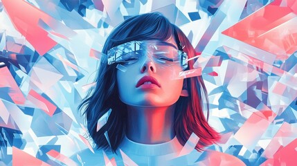 Obraz premium Woman with Shattered Glass Visor Amidst Geometric Shapes