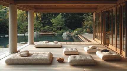 Fototapeta premium Zen garden patio meditation cushions sunrise