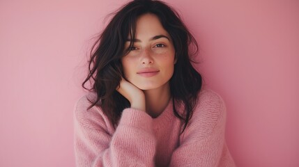 Thoughtful young woman in pink sweater, dreamy and introspective mood